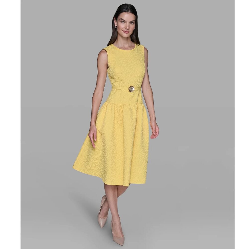 Karl Lagerfeld Yellow Floral Jacquard A-Line Dress with Flower Belt NWT! Size 12